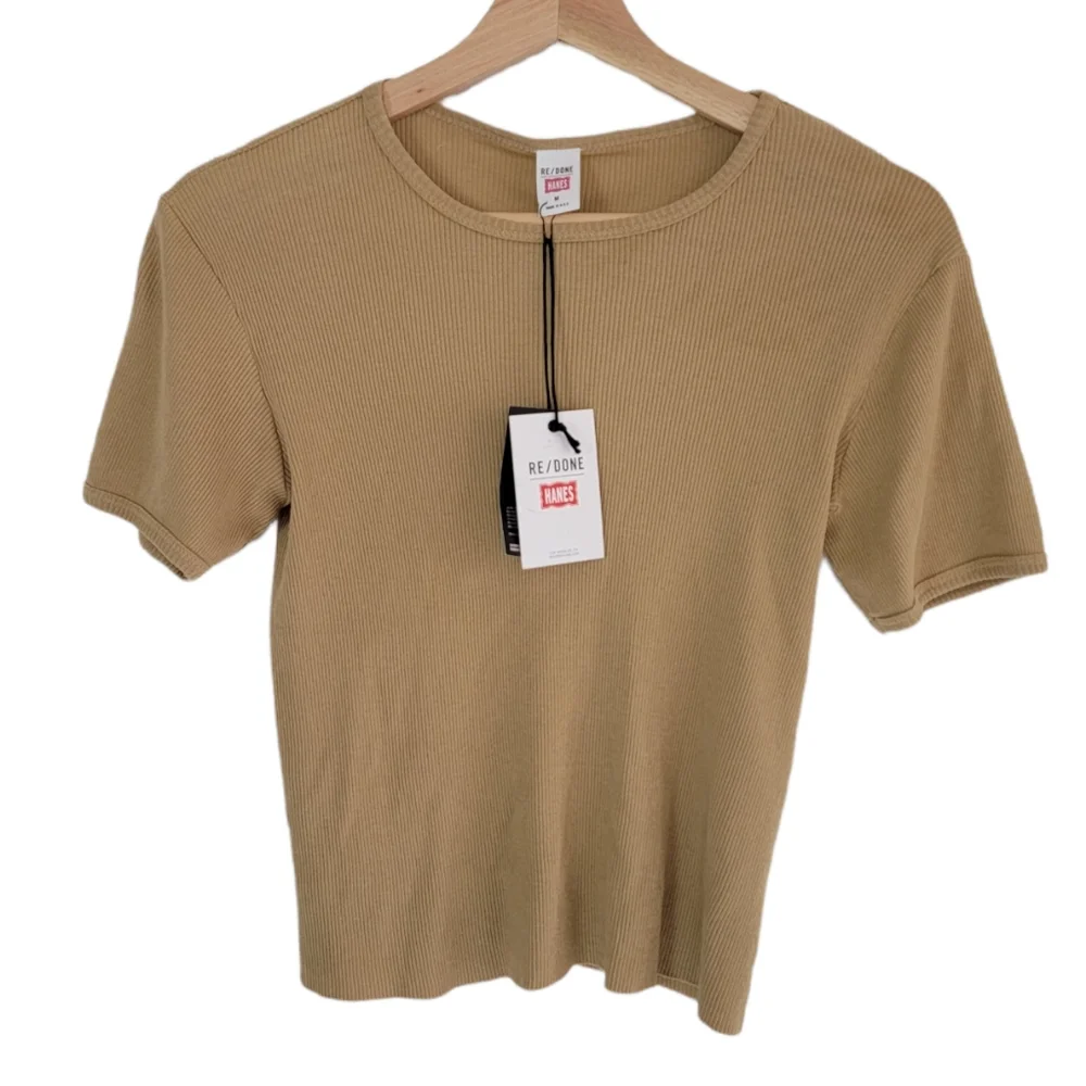 Redone Hanes Tee Crop Ribbed Tan Crew Neck New With Tags Size Medium